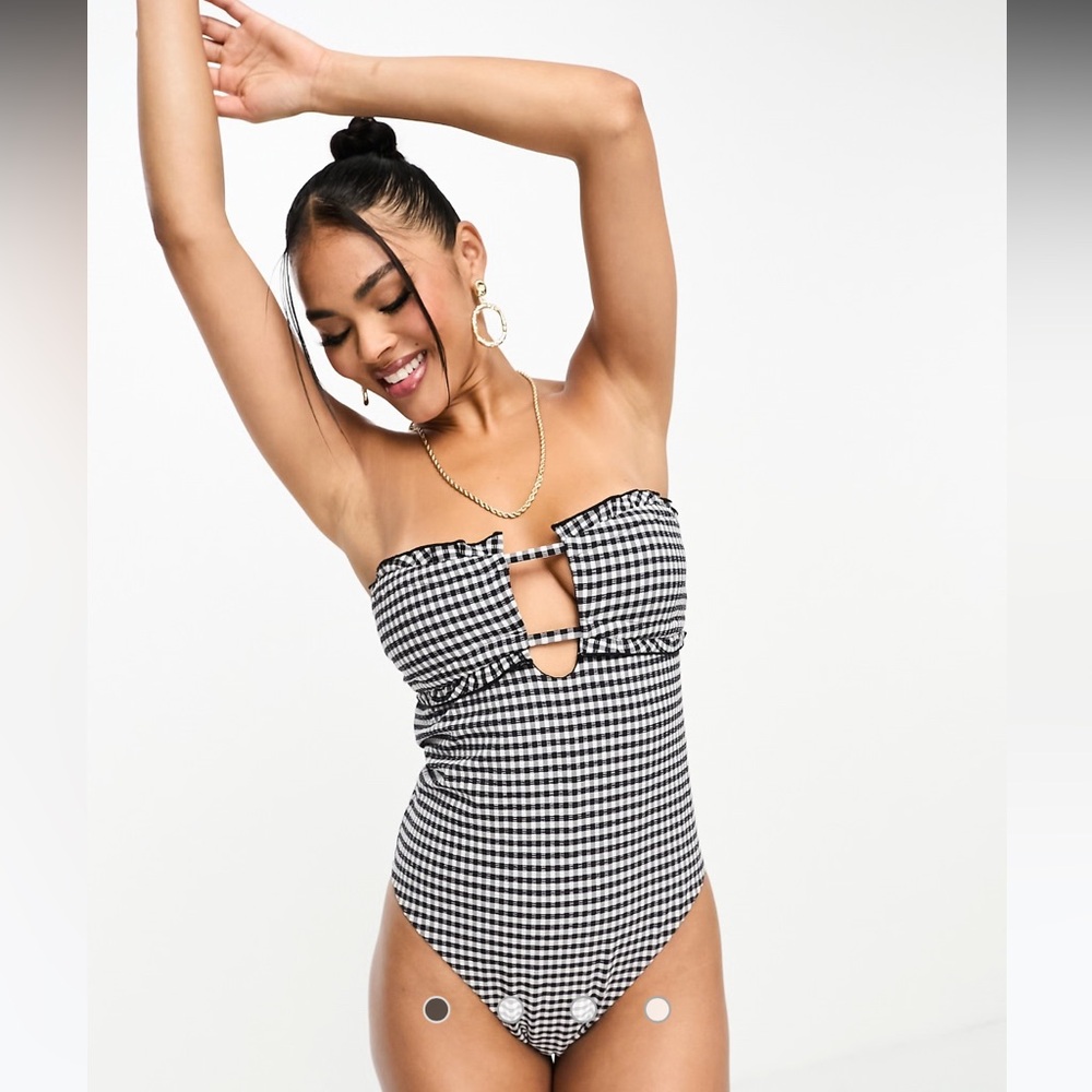 ASOS seersucker bandeau frill swimsuit black gingham size 14